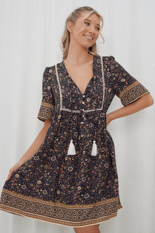 Baby Doll Mini Dress - Brown Floral