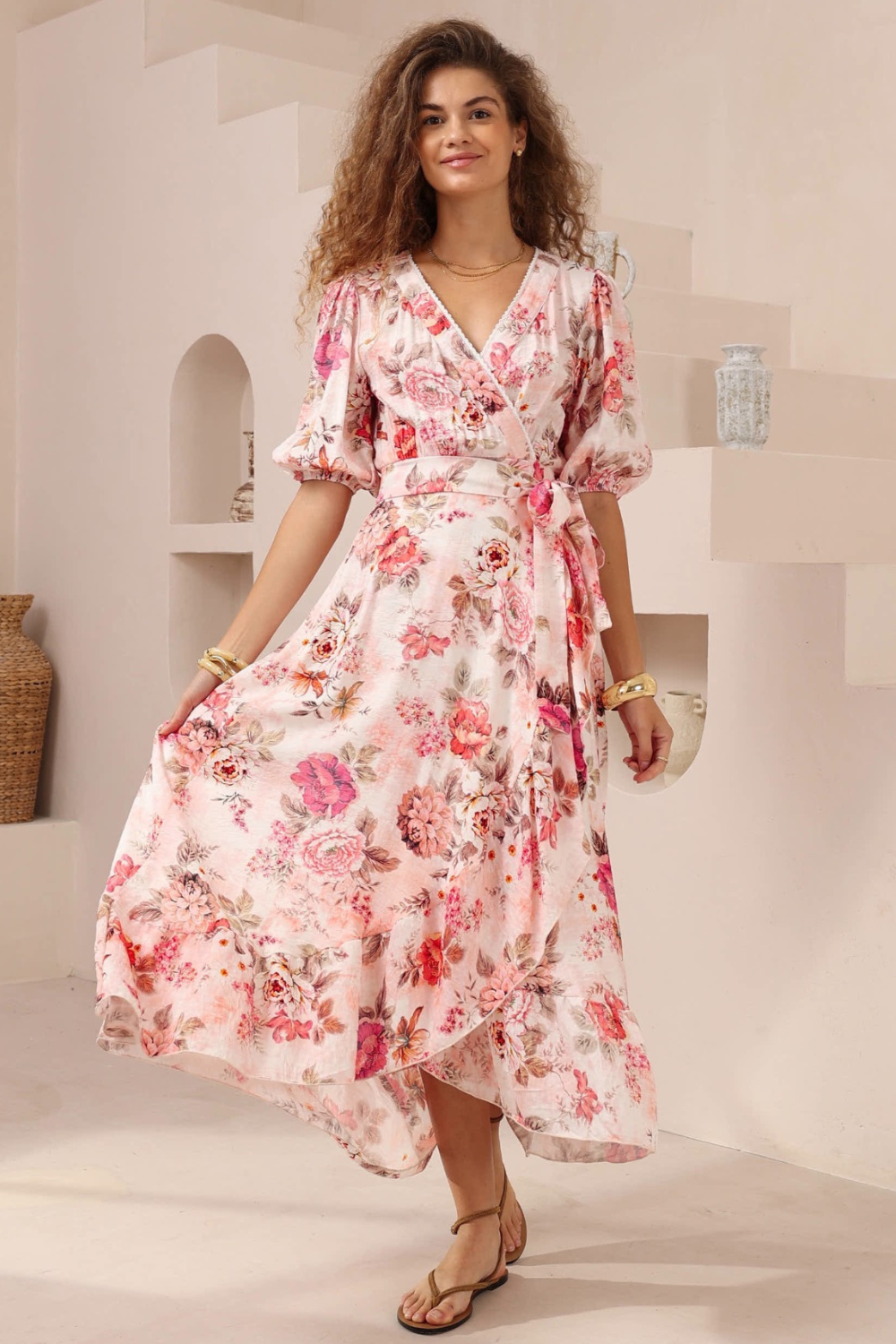 Daylily Wrap Midi Dress – Pink Floral Iris Maxi Clothing