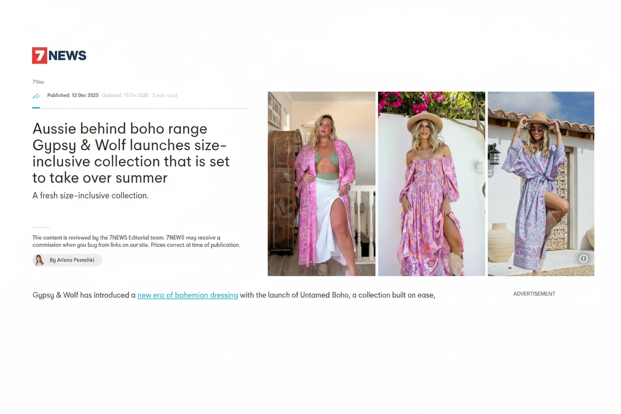 Gypsy and Wolf size inclusive boho dresses featured on 7NEWS - plus size bohemian fashion collection