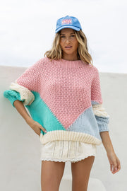 Colour Block Tri Colour Knit  Sweater – Aqua/Blue