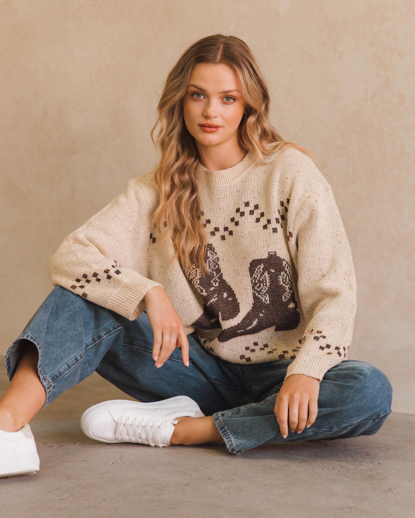 Beige Cowboy Boot Wool Blend Jumper