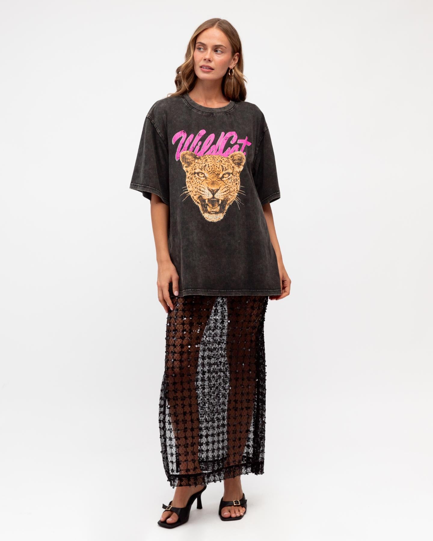 Paper Heart Sequin Mesh Maxi Skirt | Black Iridescent