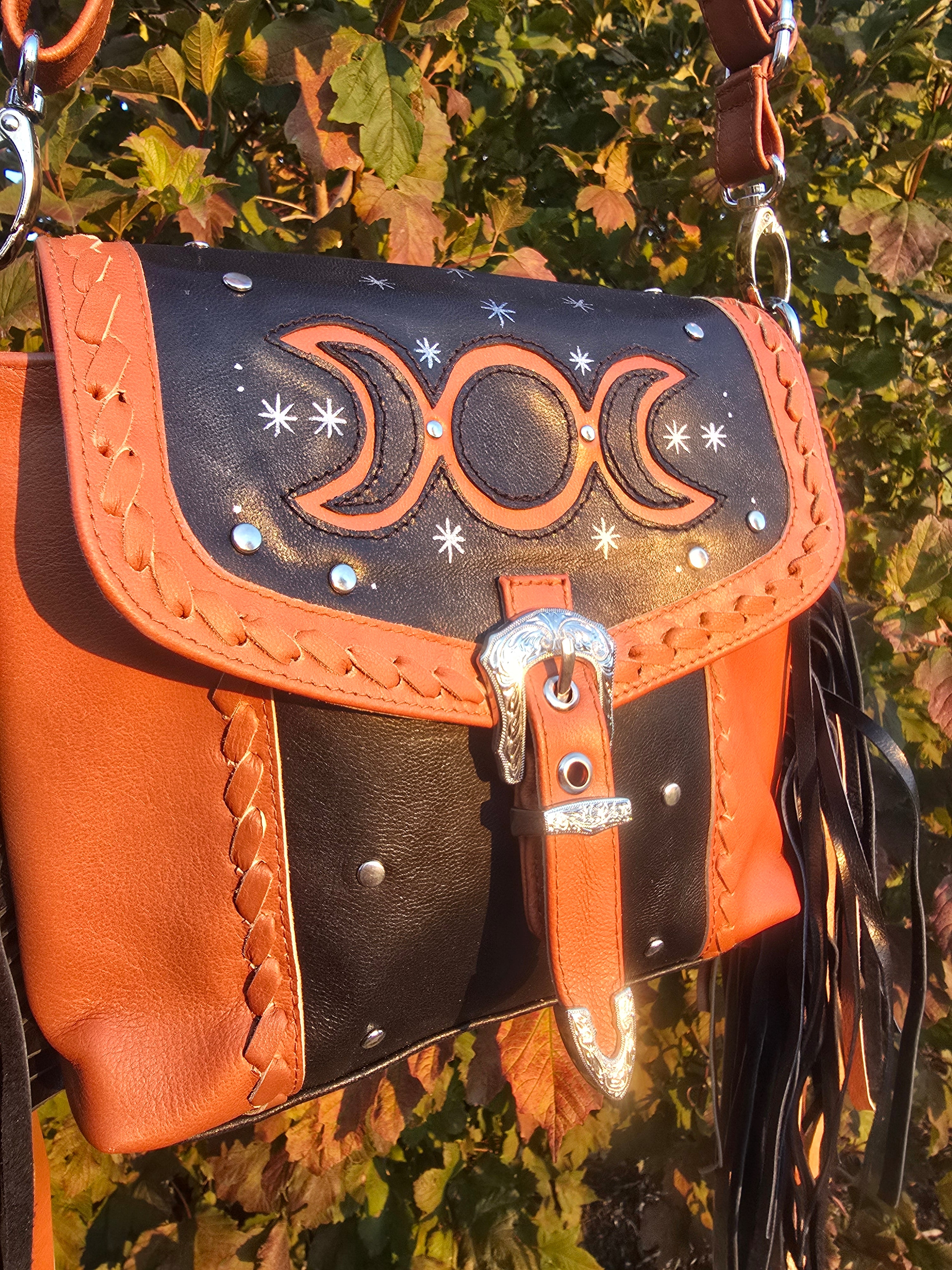 Triple Moon Goddess Leather Crossbody Bag