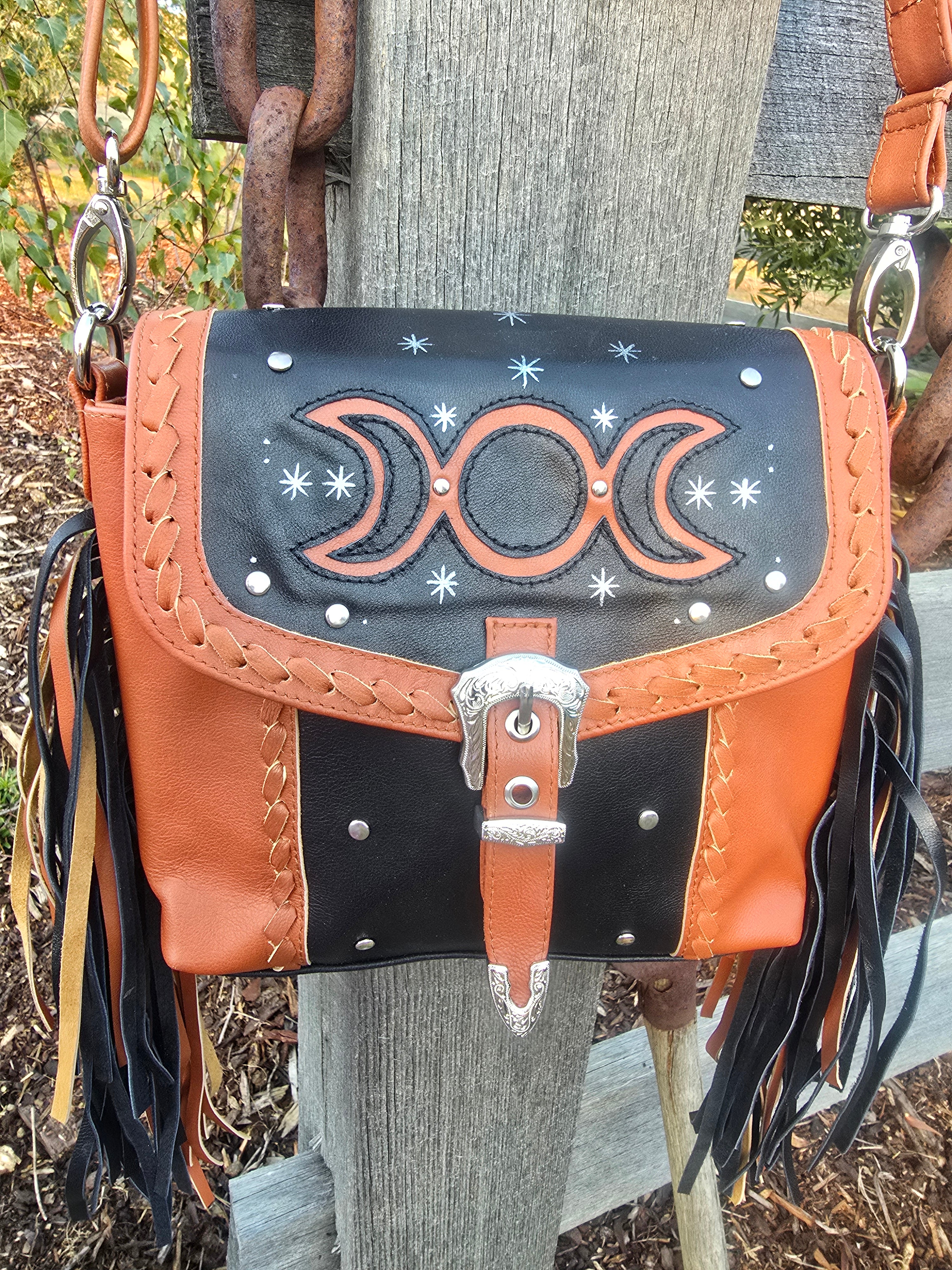 Triple Moon Goddess Leather Crossbody Bag
