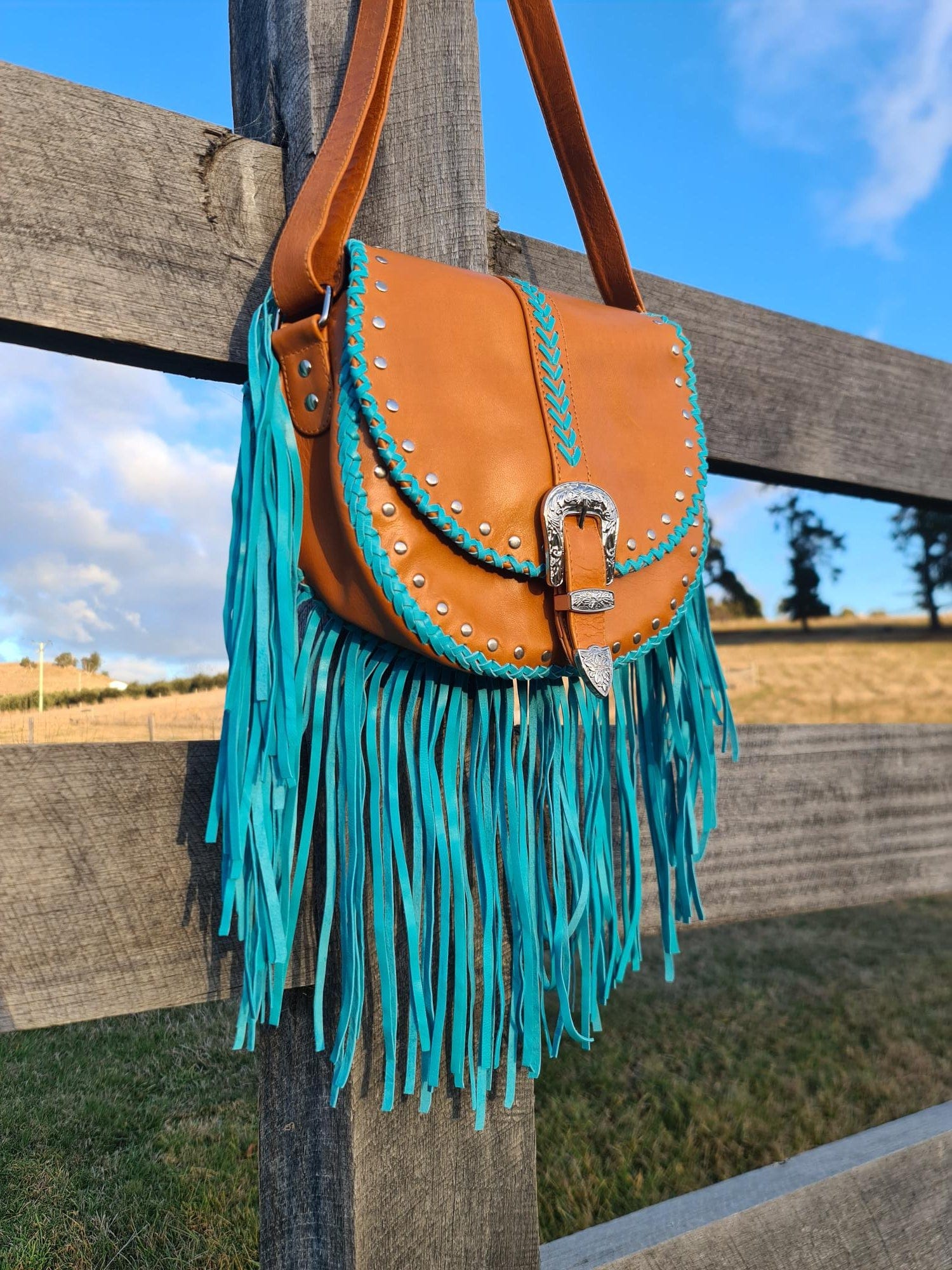 Esmeralda Cross Body Bag – Tan/Turquoise Genuine Leather Fringe