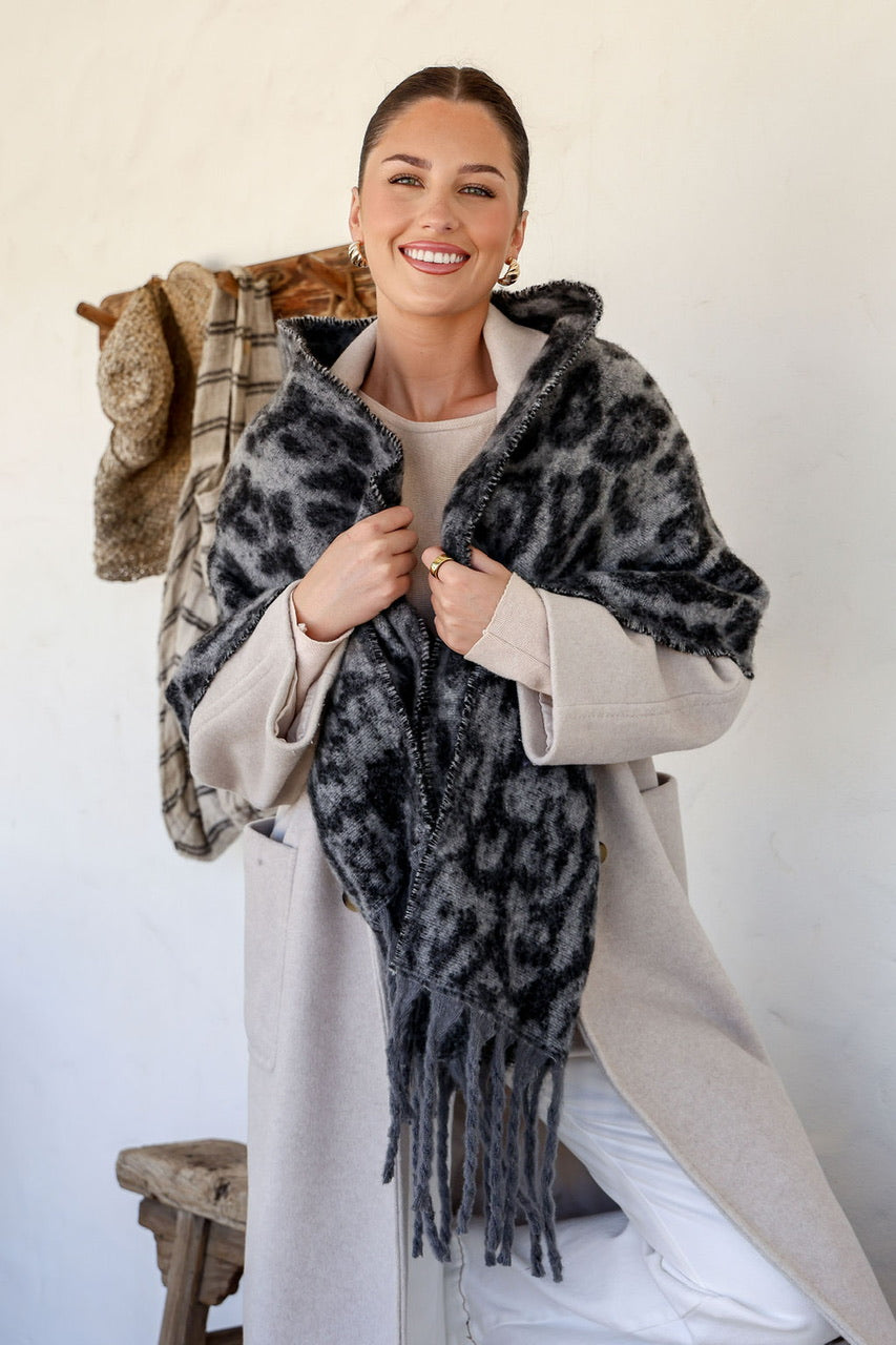 Leopard Snuggly Tassel Scarf - Black/Char