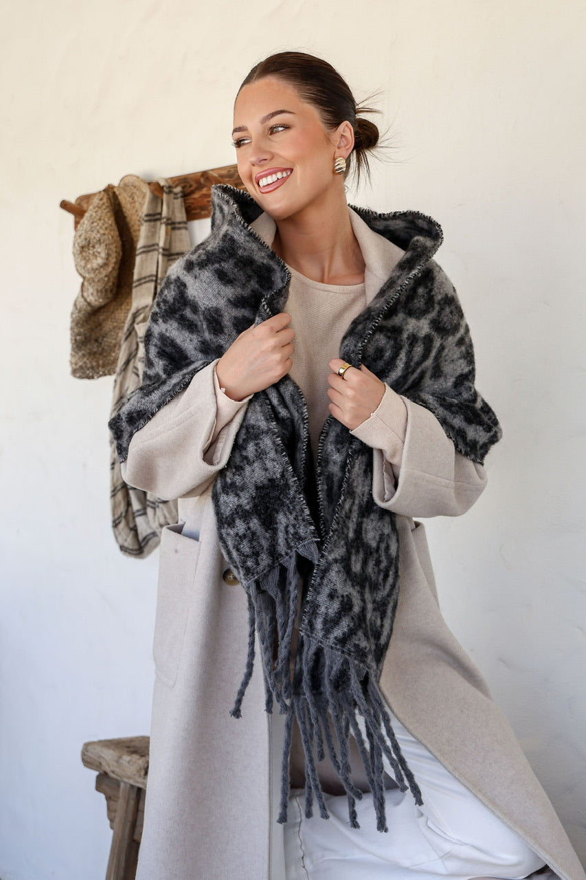 Leopard Snuggly Tassel Scarf - Black/Char