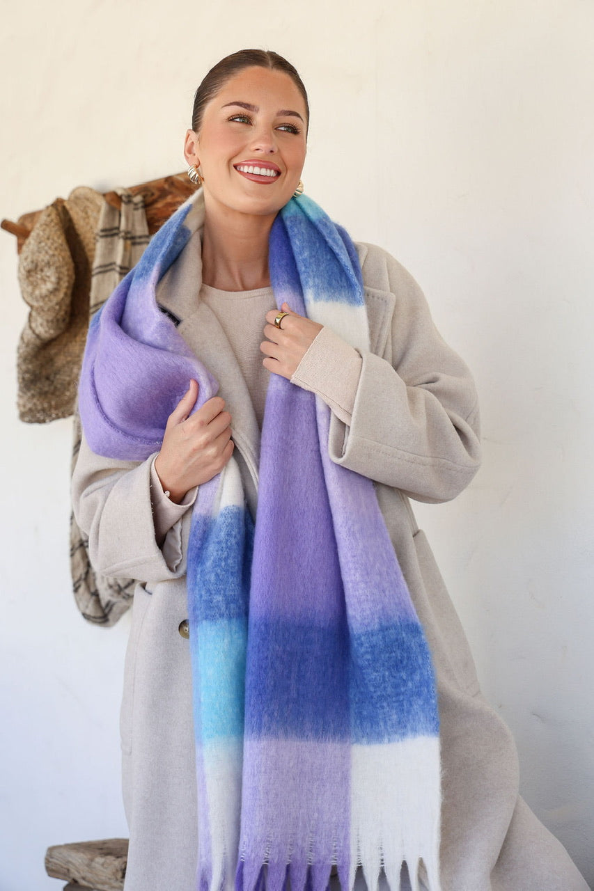 Chunky Check Fringe Scarf - Bluebell