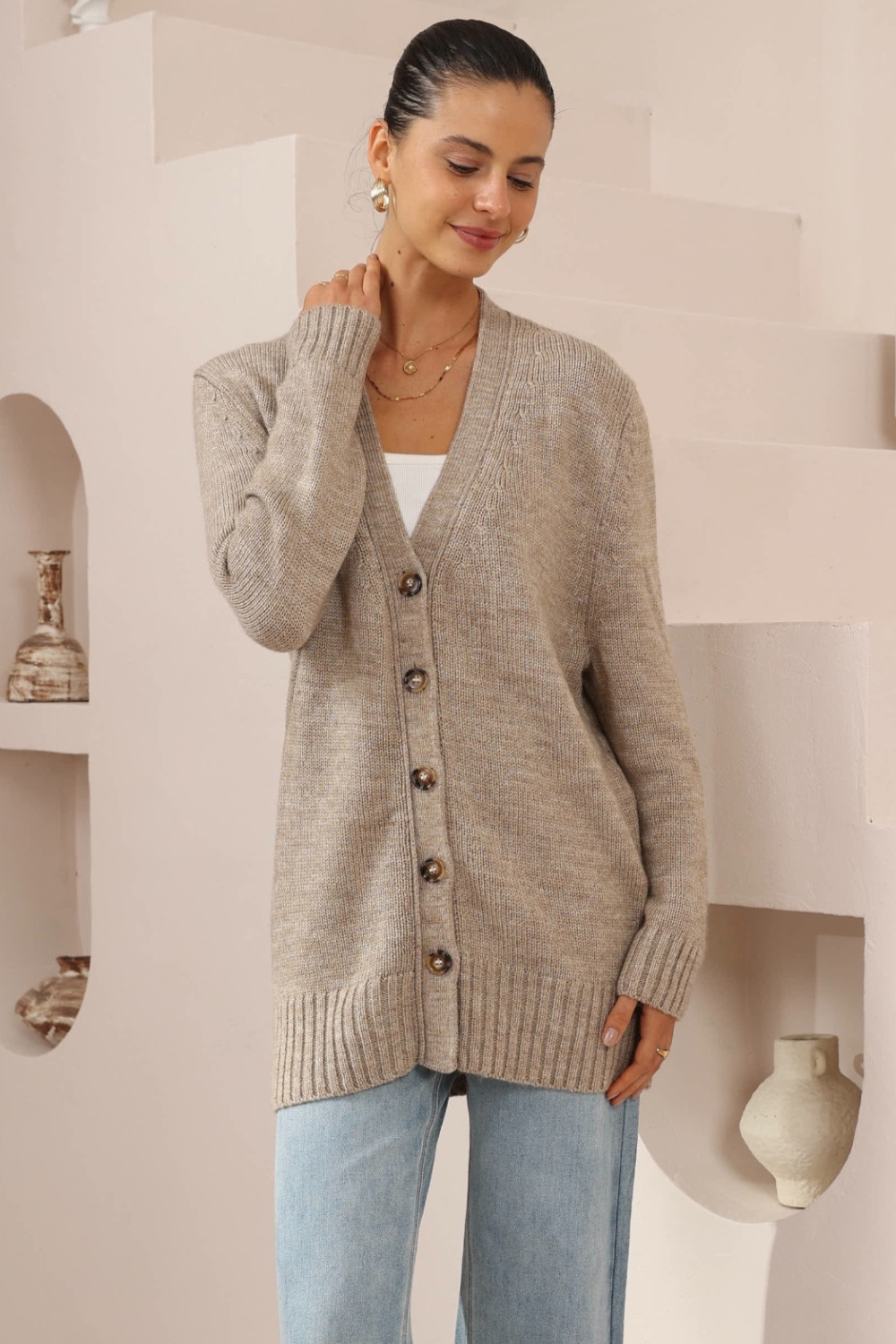 Beige Oversized Button-Down Knit Cardigan