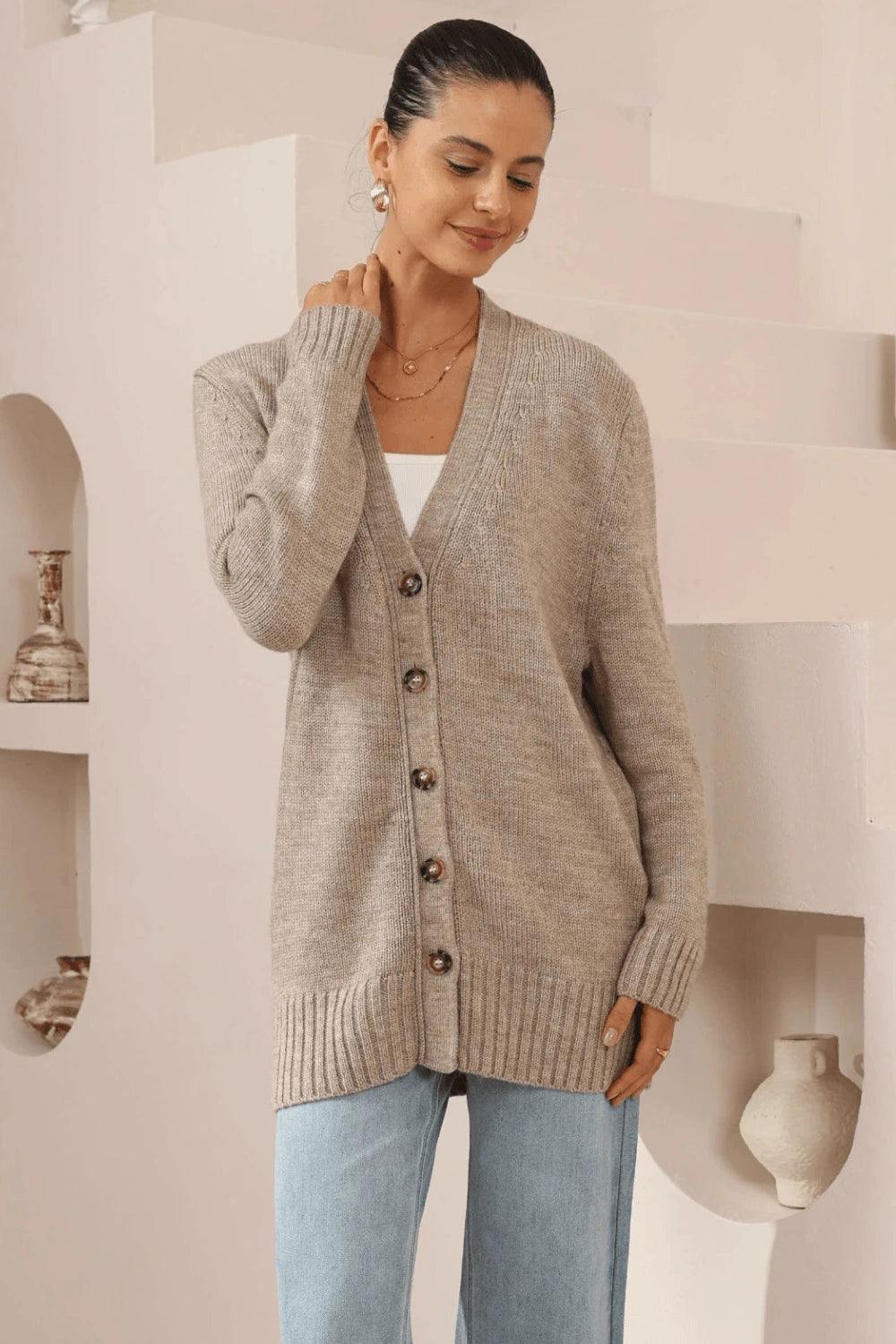 Beige Oversized Button-Down Knit Cardigan