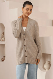 Beige Oversized Button-Down Knit Cardigan