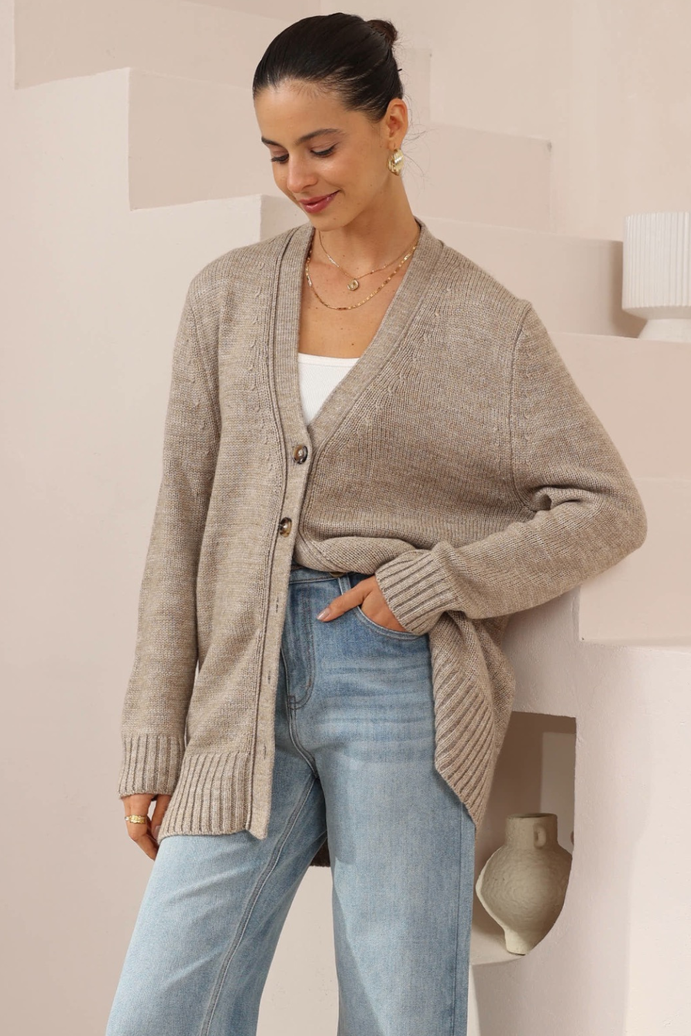 Beige Oversized Button-Down Knit Cardigan