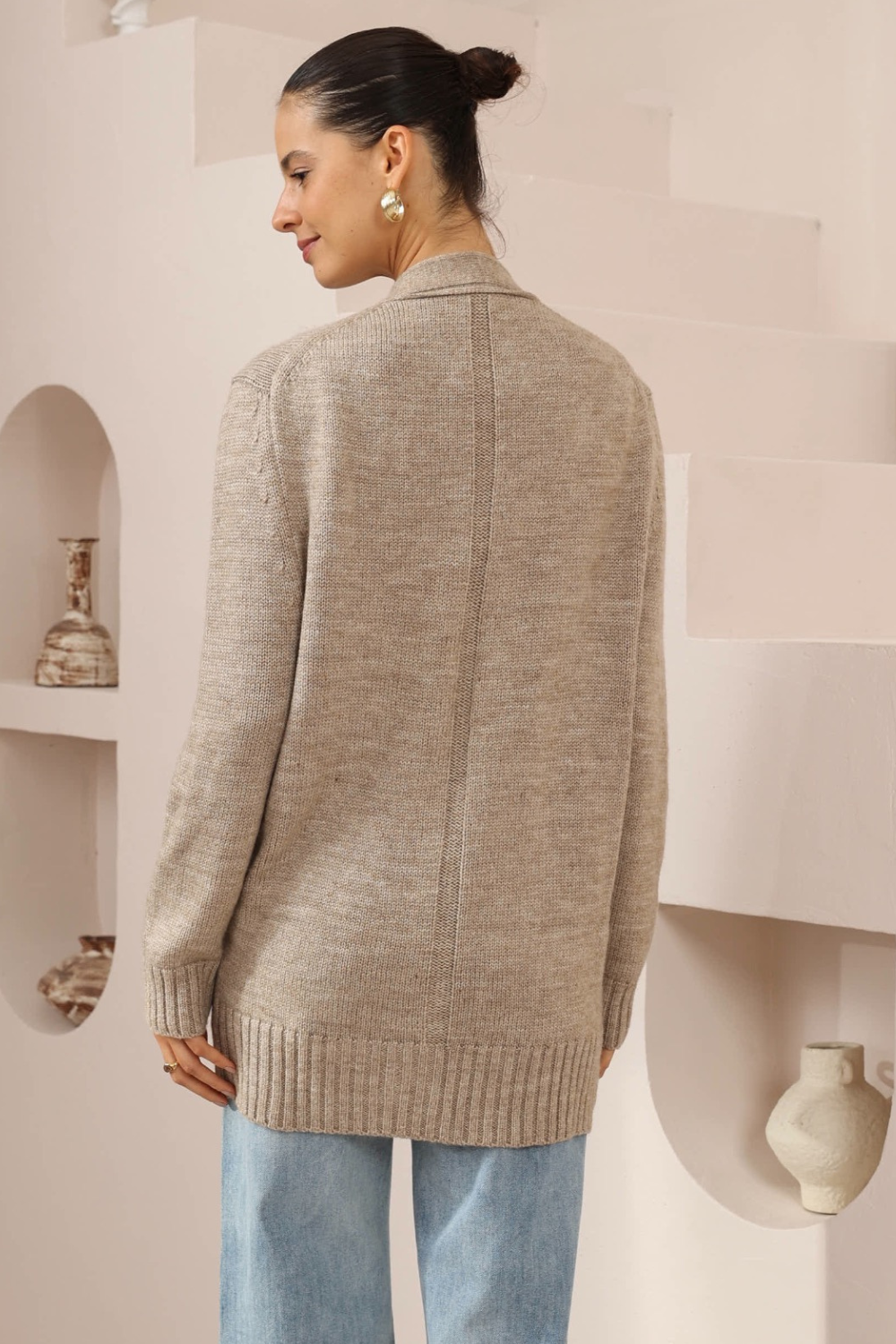 Beige Oversized Button-Down Knit Cardigan