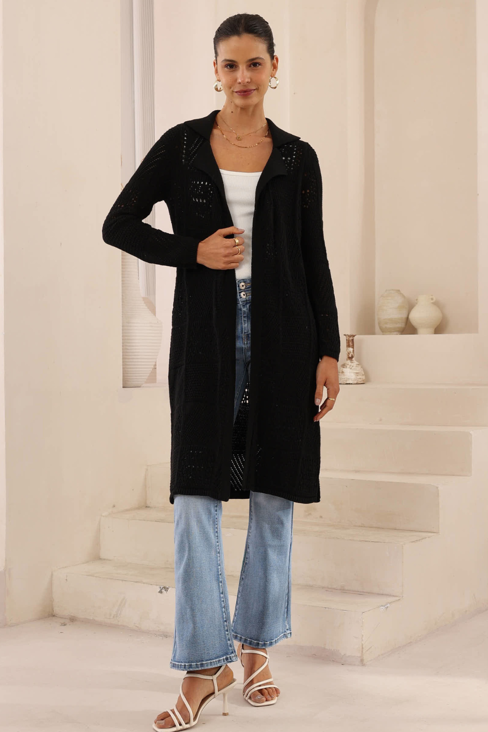 Black Longline Crochet Knit Open-Front Cardigan