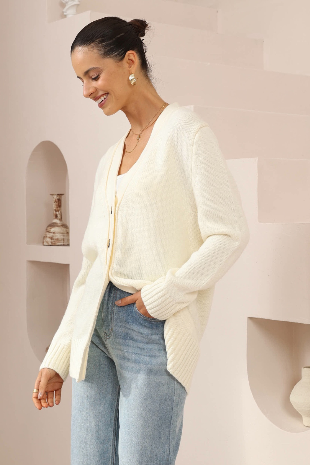 Ivory Oversized Button-Down Knit Cardigan