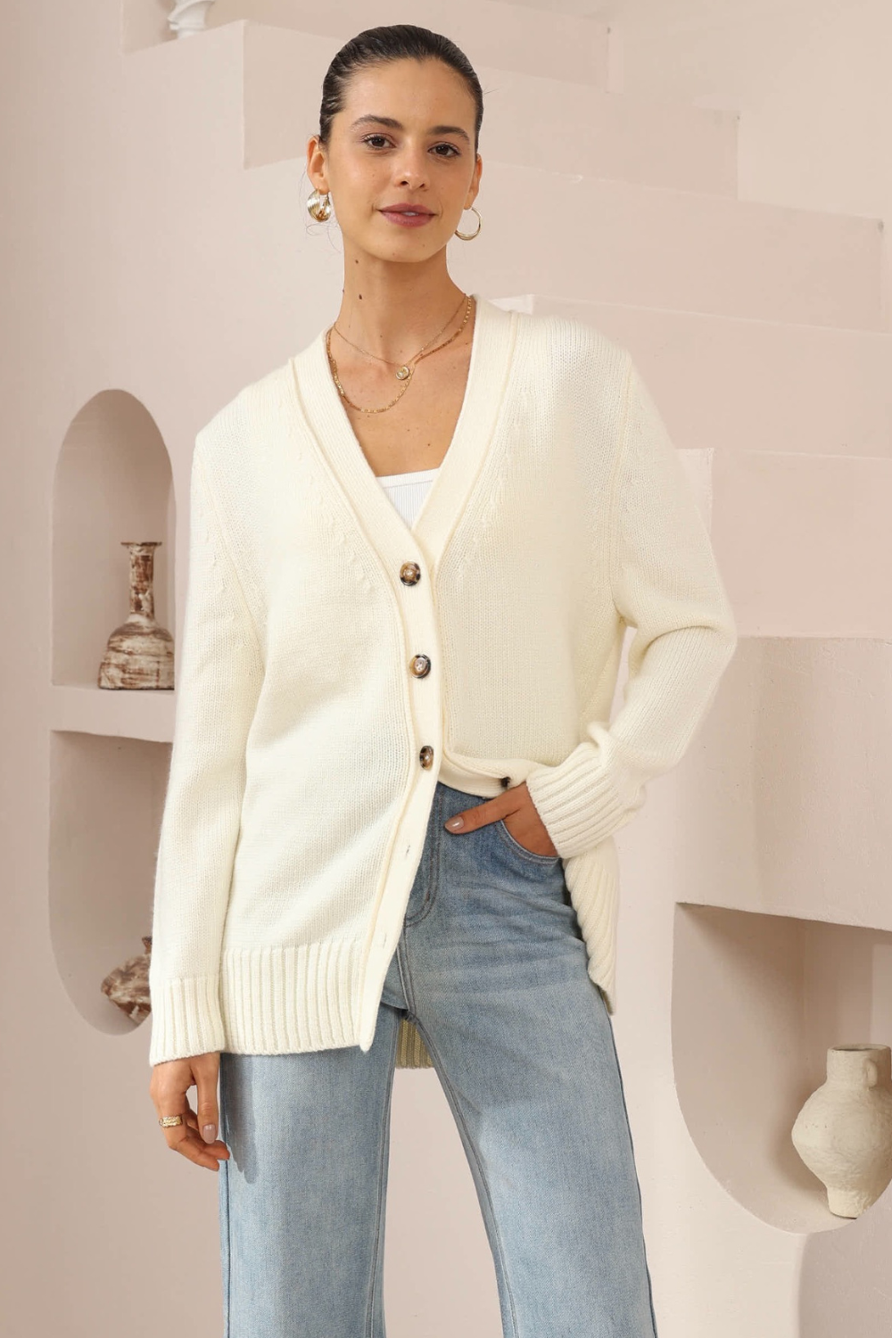 Ivory Oversized Button-Down Knit Cardigan