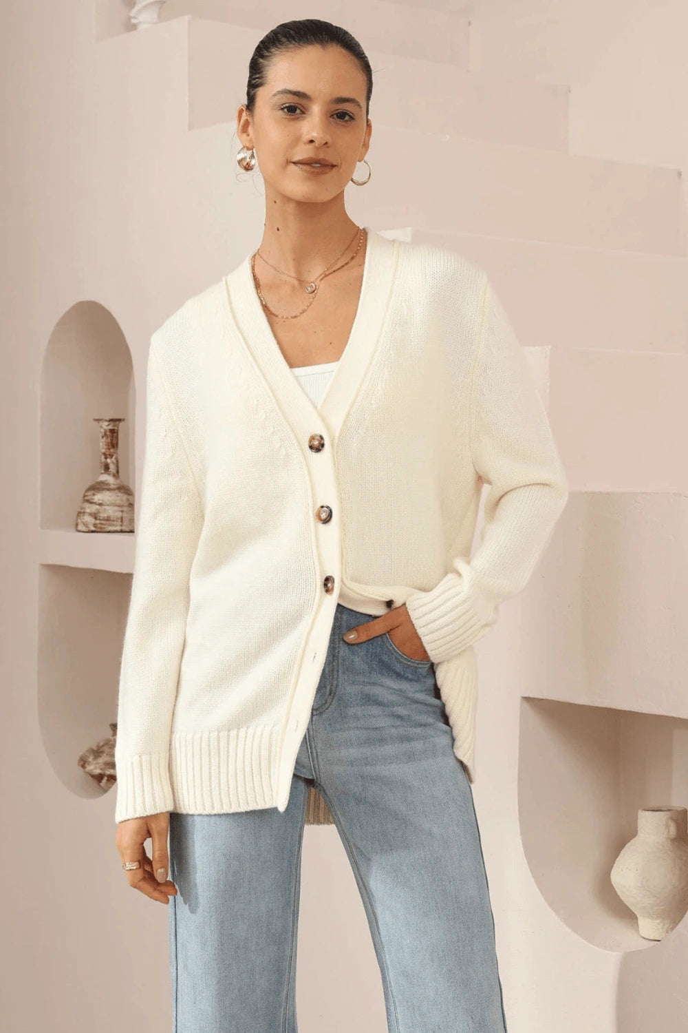 Ivory Oversized Button-Down Knit Cardigan