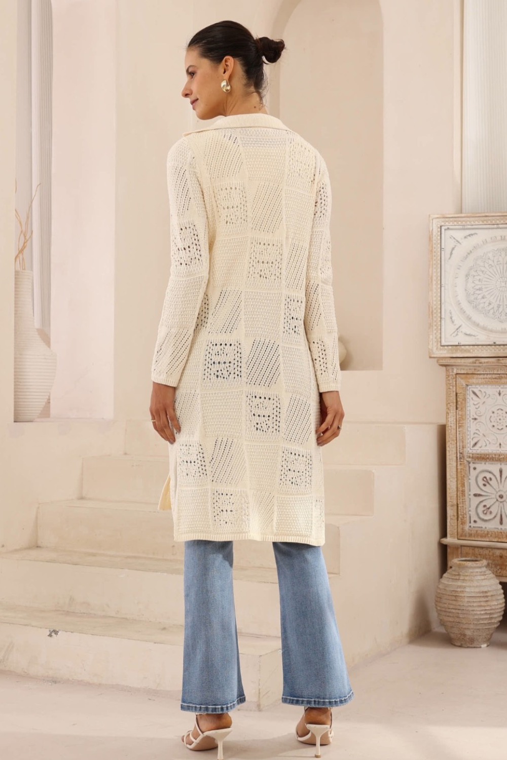Ivory Longline Crochet Knit Open-Front Cardigan