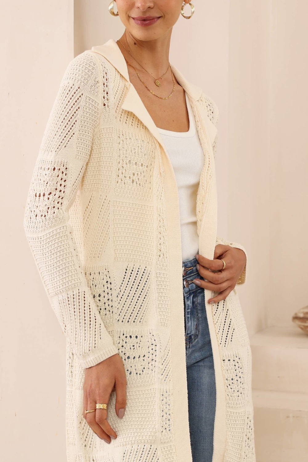 Ivory Longline Crochet Knit Open-Front Cardigan