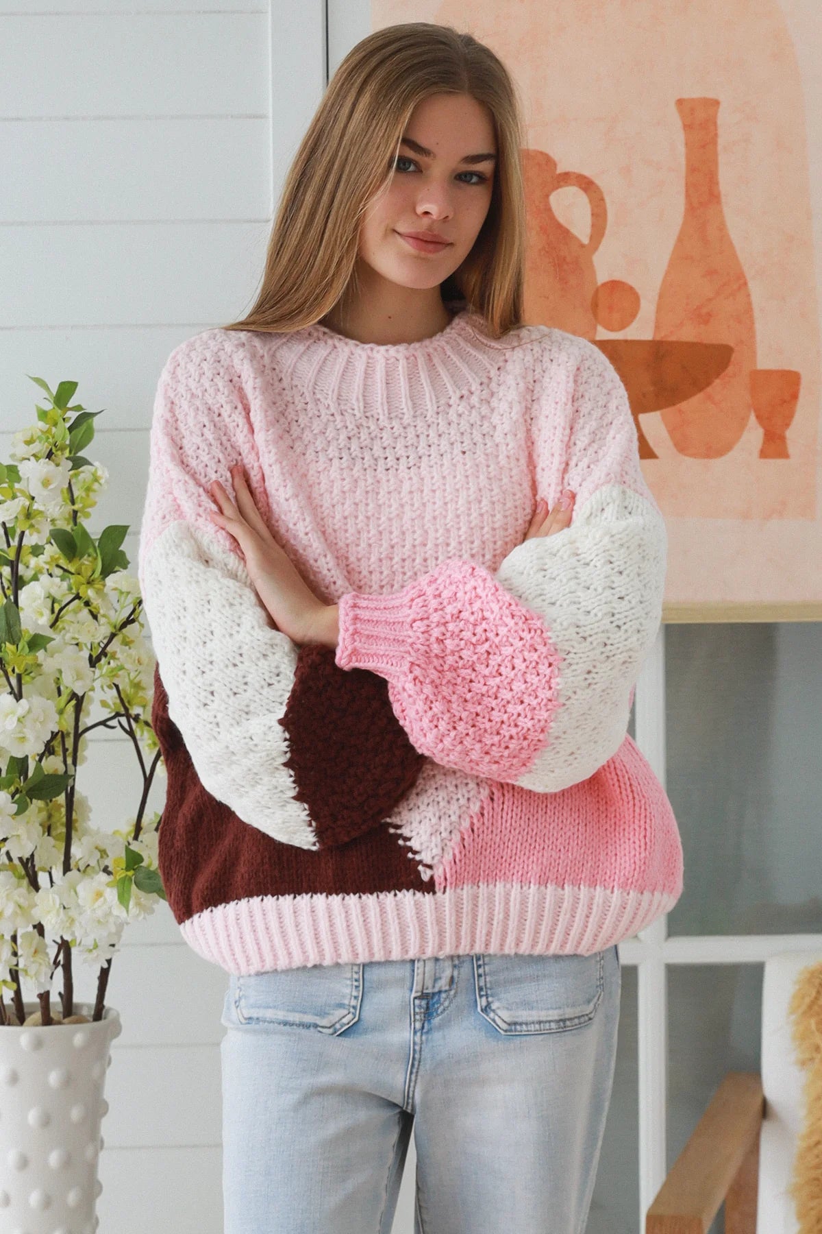 Hazel Pink Colour Block Knit Jumper