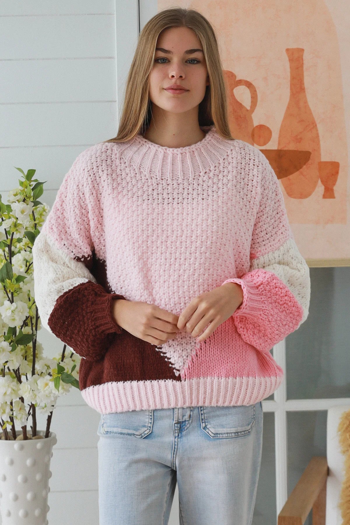 Hazel Pink Colour Block Knit Jumper