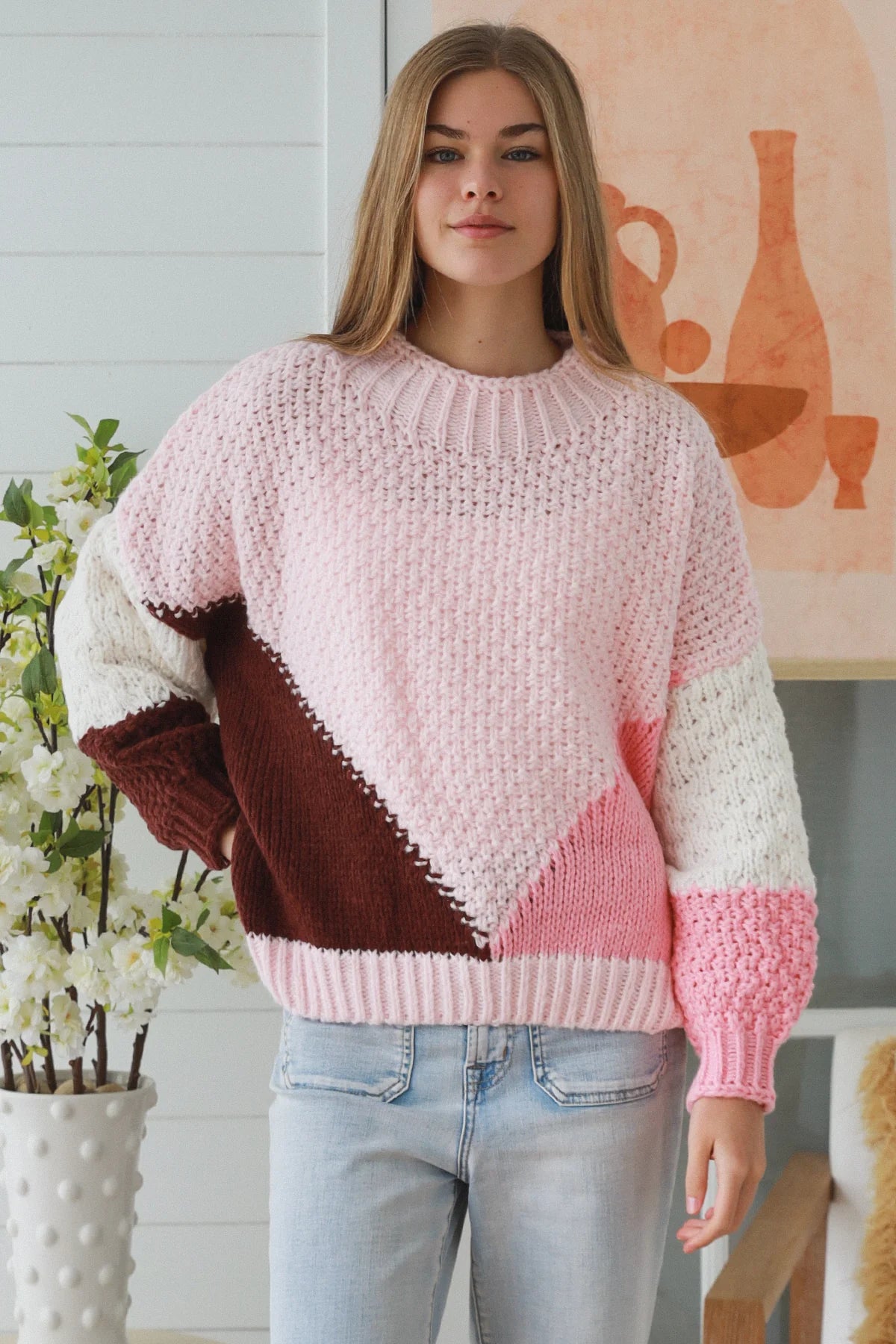 Hazel Pink Colour Block Knit Jumper