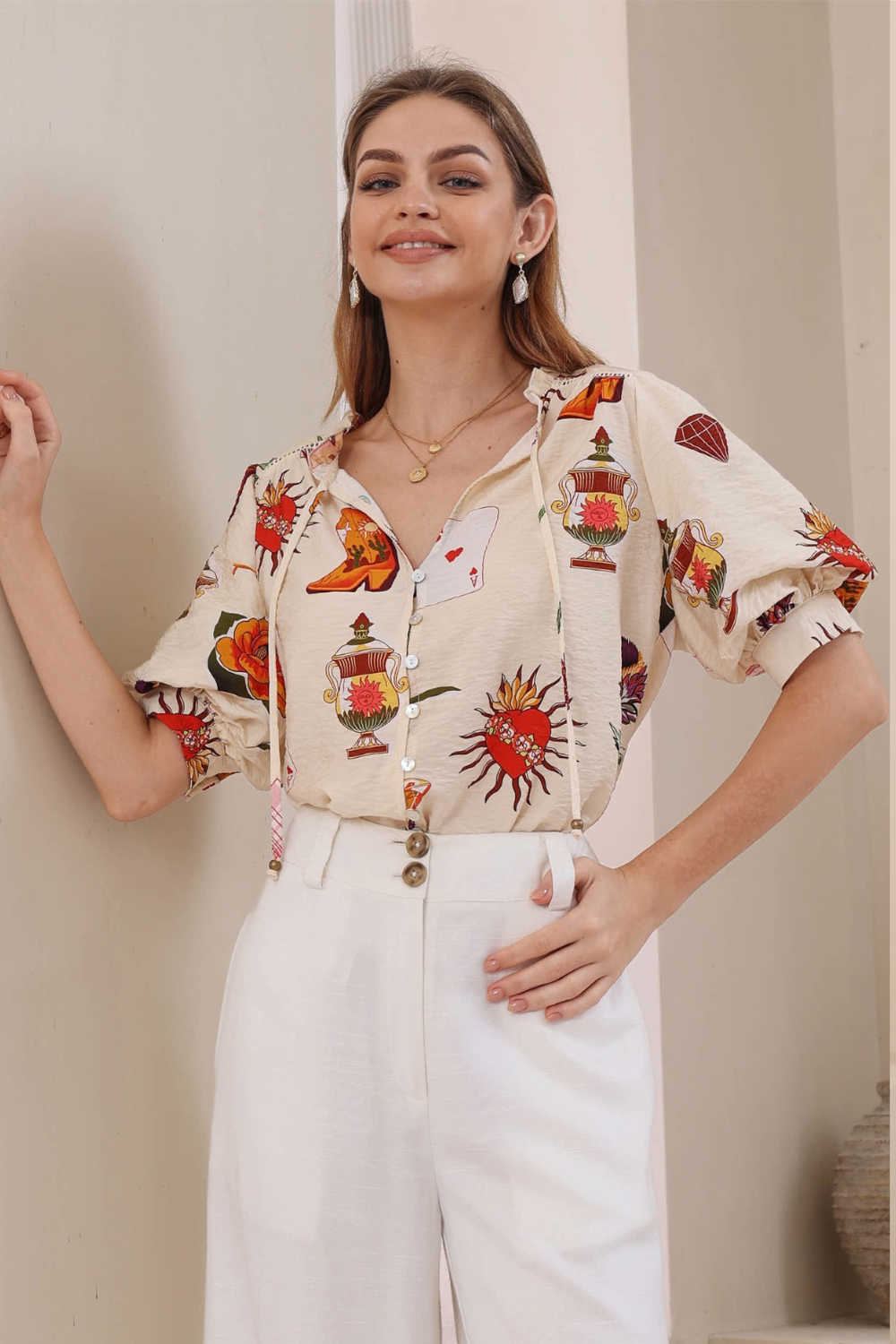 Carmella Festival Print Puff Sleeve Shirt