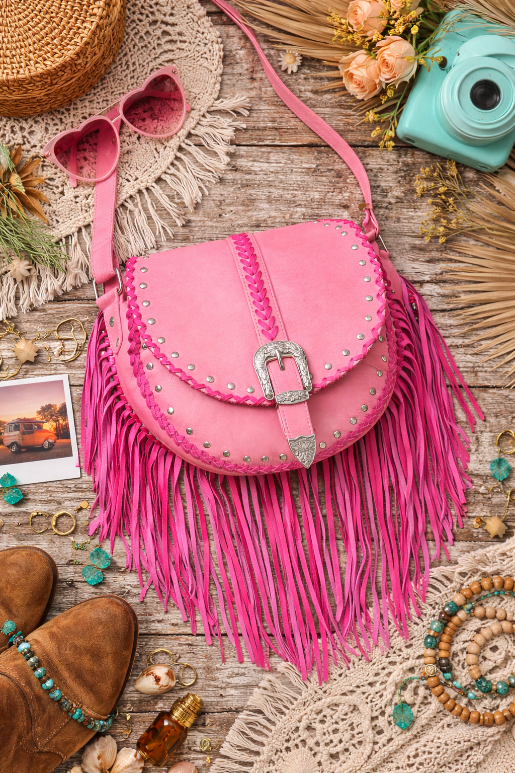 Esmeralda Pink Leather Crossbody Bag with Fringe