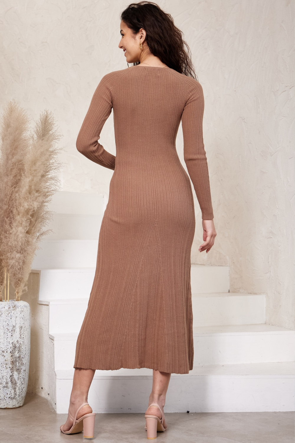 Eva Chocolate Long Sleeve Knit Maxi Dress