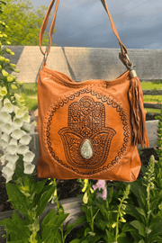 Boho Leather Shoulder Bag - Tan Hamsa Hand