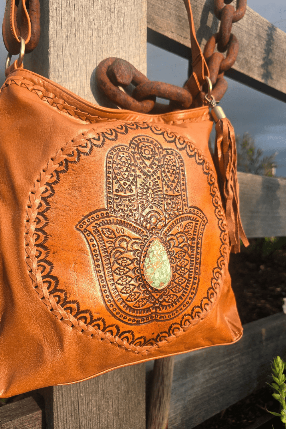 Boho Leather Shoulder Bag - Tan Hamsa Hand