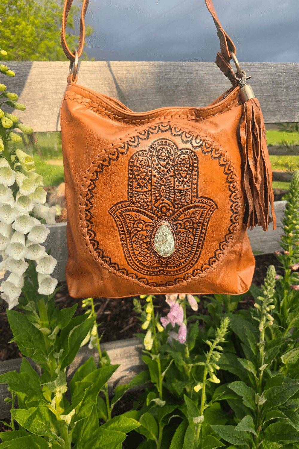 Boho Leather Shoulder Bag - Tan Hamsa Hand