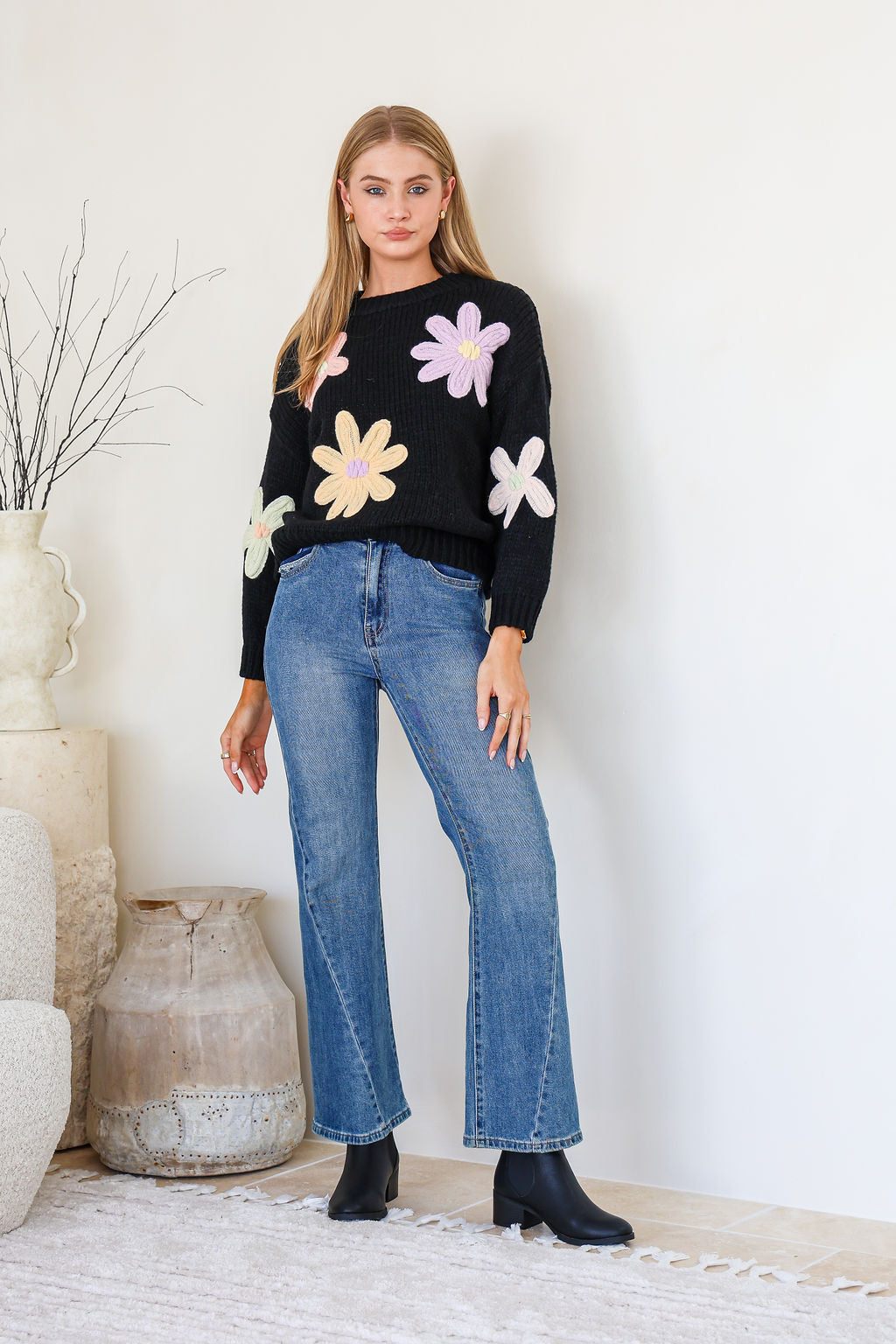 Daisy Blooms Chunky Knit Jumper - Black