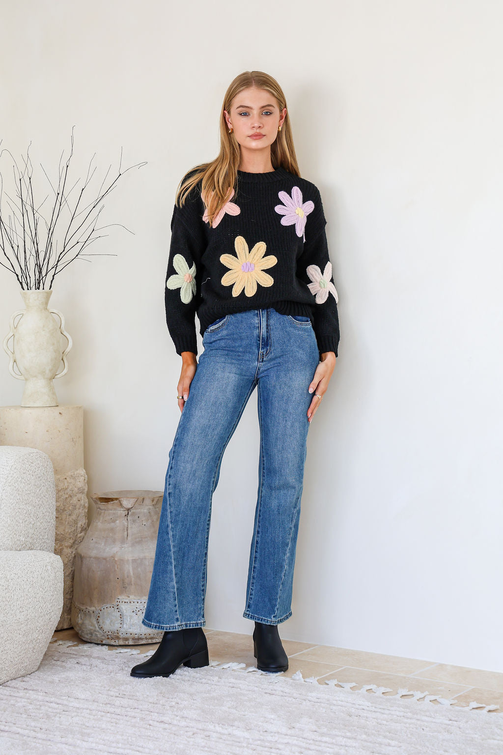 Daisy Blooms Chunky Knit Jumper - Black