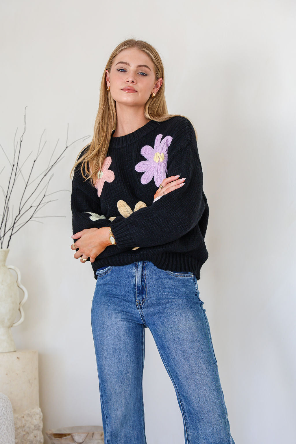 Daisy Blooms Chunky Knit Jumper - Black