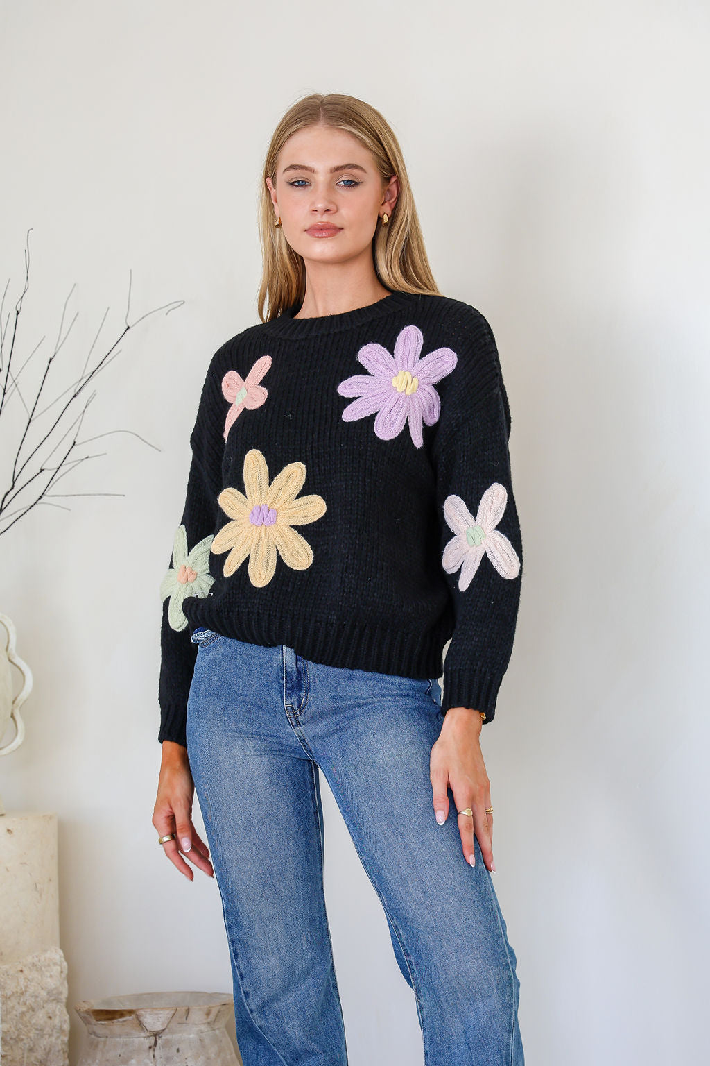Daisy Blooms Chunky Knit Jumper - Black
