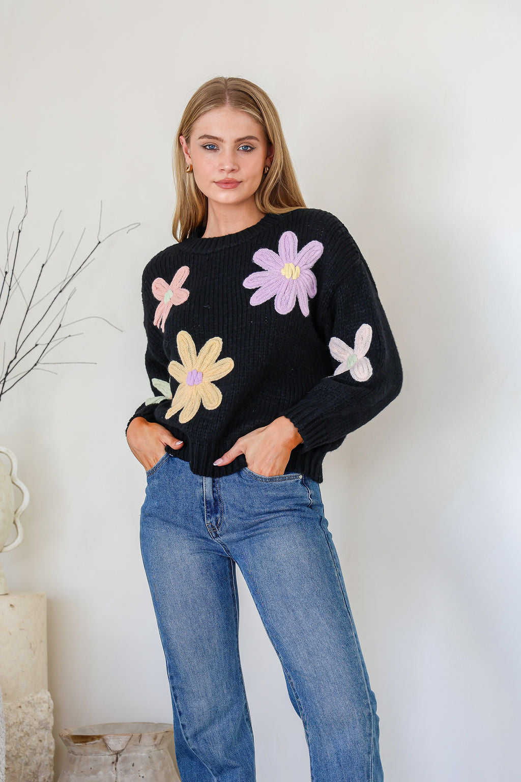 Daisy Blooms Chunky Knit Jumper - Black