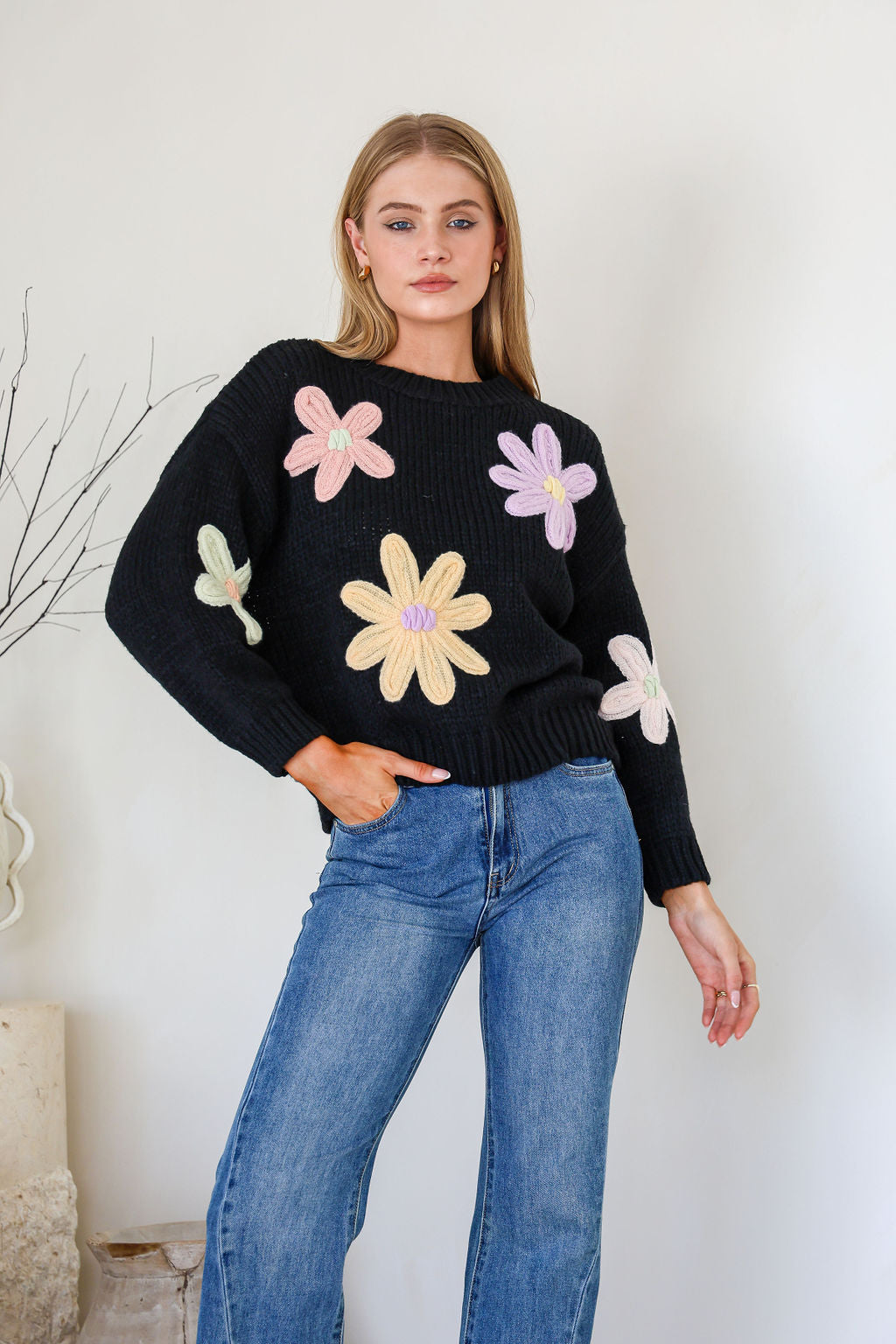 Daisy Blooms Chunky Knit Jumper - Black