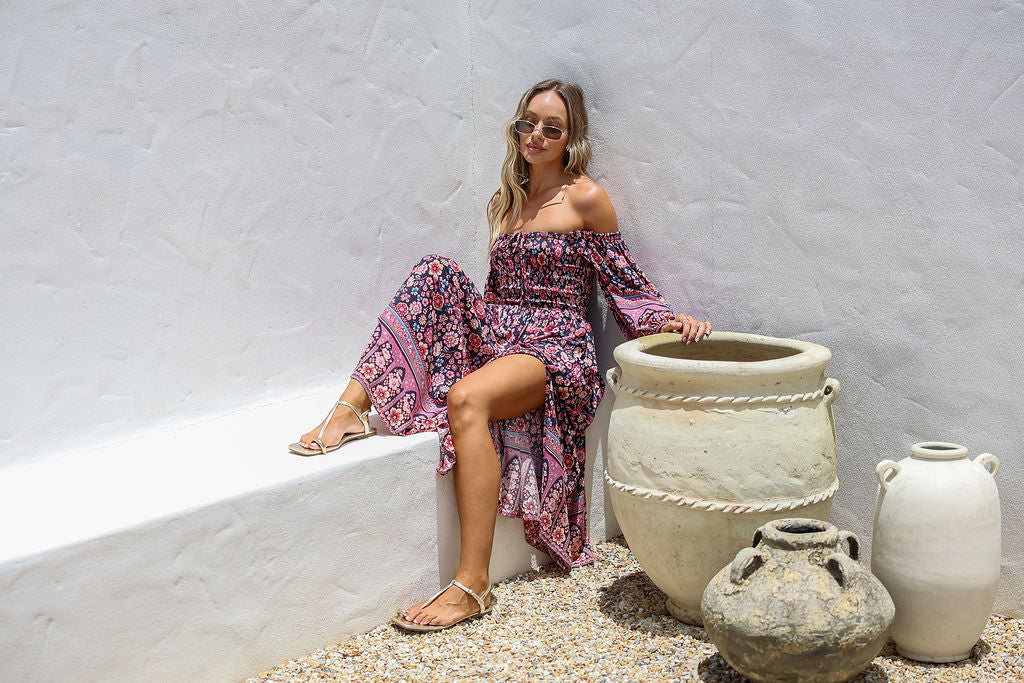 Dreamer Shirred Midi Dress - Midnight Bloom