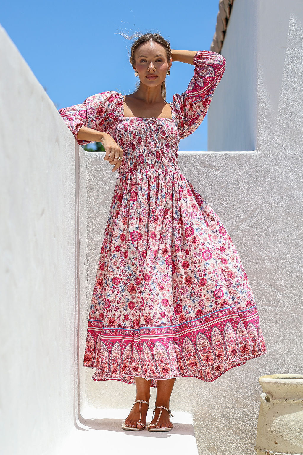 Dreamer Shirred Midi Dress - Spring Bloom