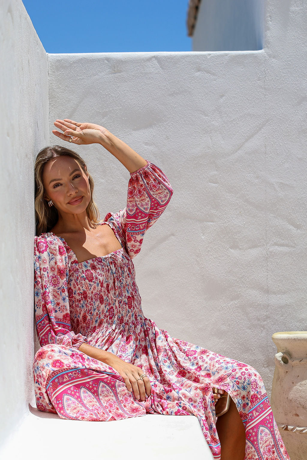 Dreamer Shirred Midi Dress - Spring Bloom