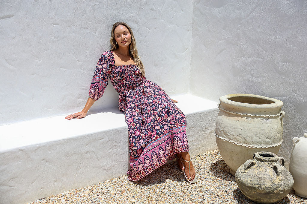 Dreamer Shirred Midi Dress - Midnight Bloom
