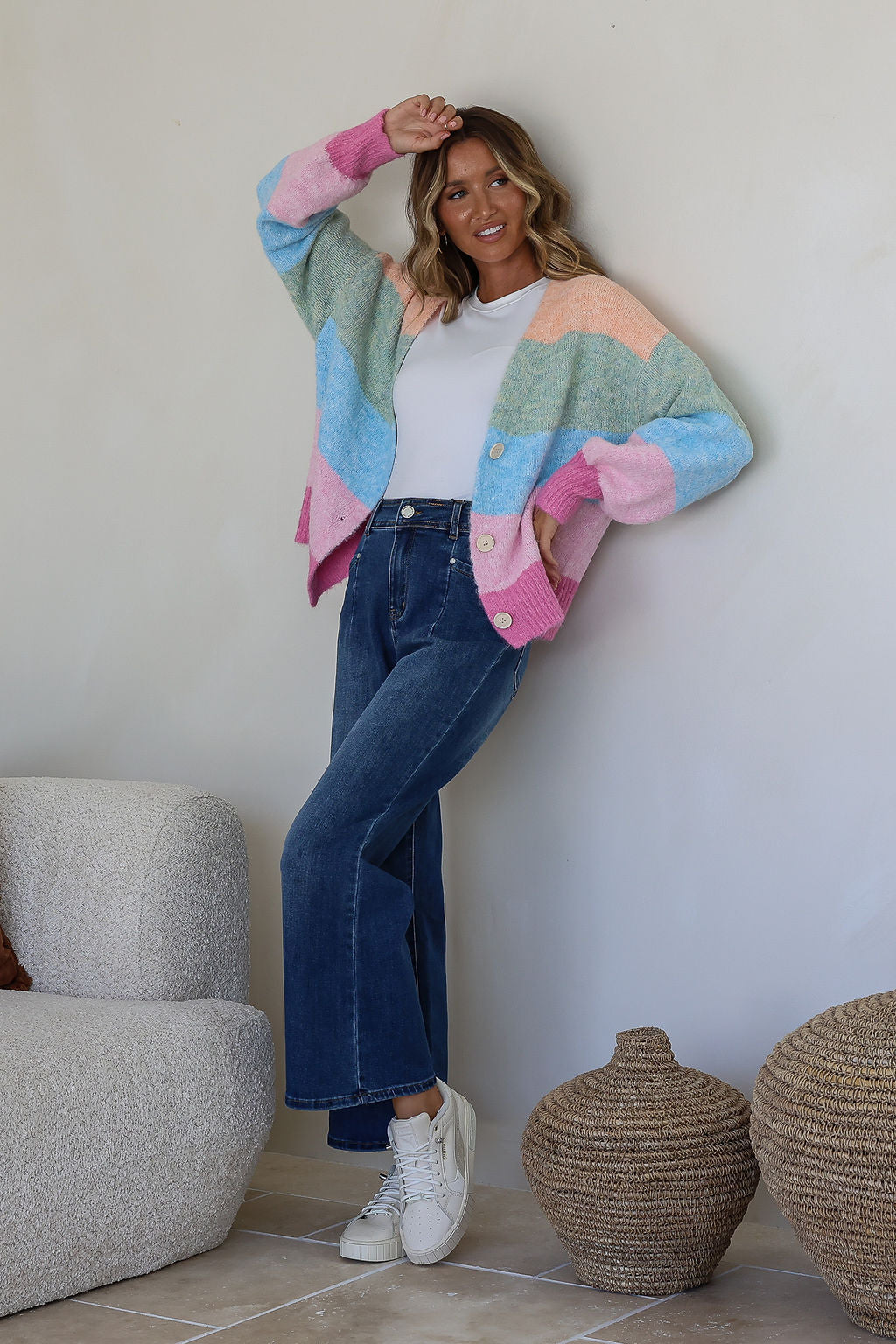 Pastel Rainbow Stripe Cardigan - Mango Sorbet