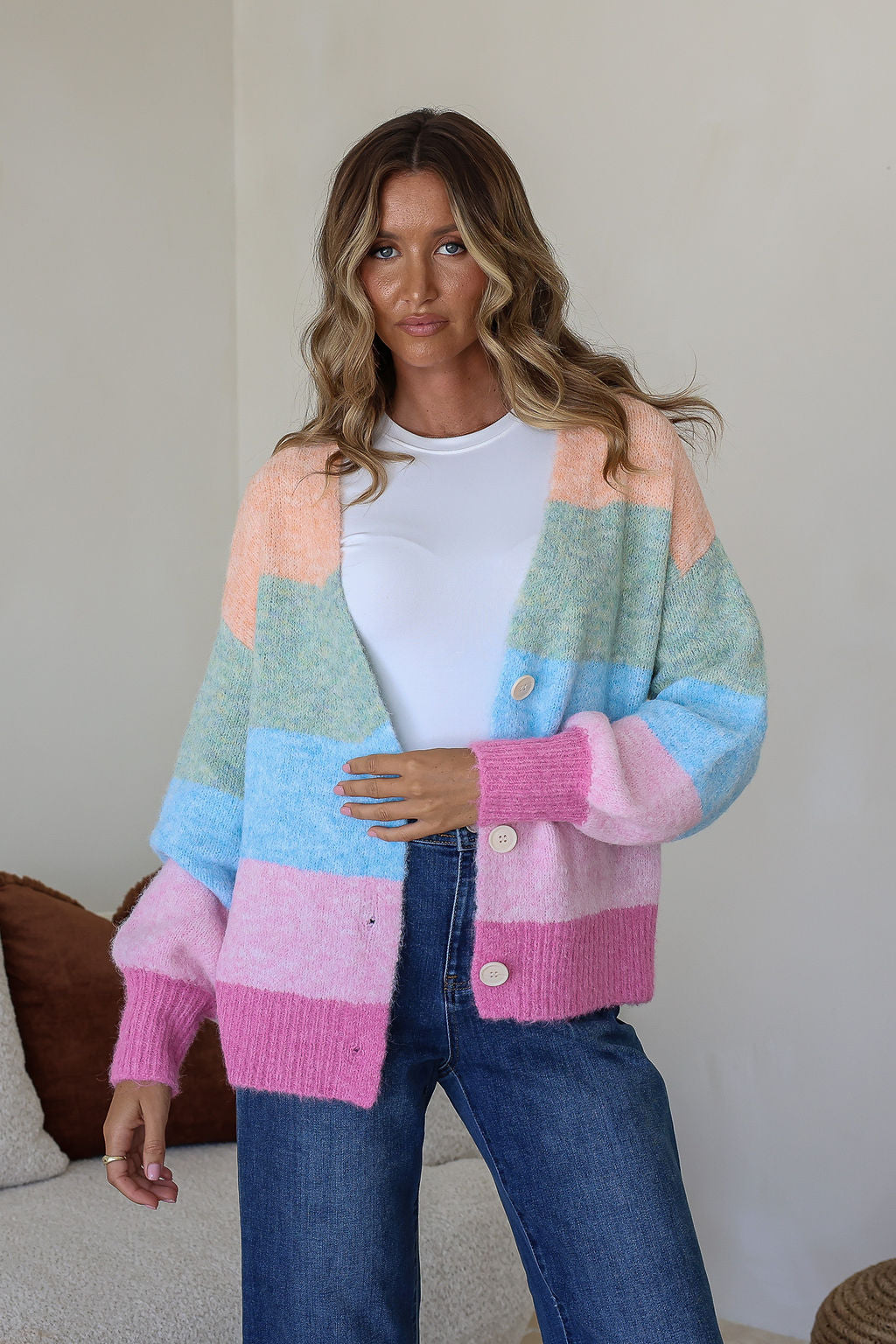 Pastel Rainbow Stripe Cardigan - Mango Sorbet