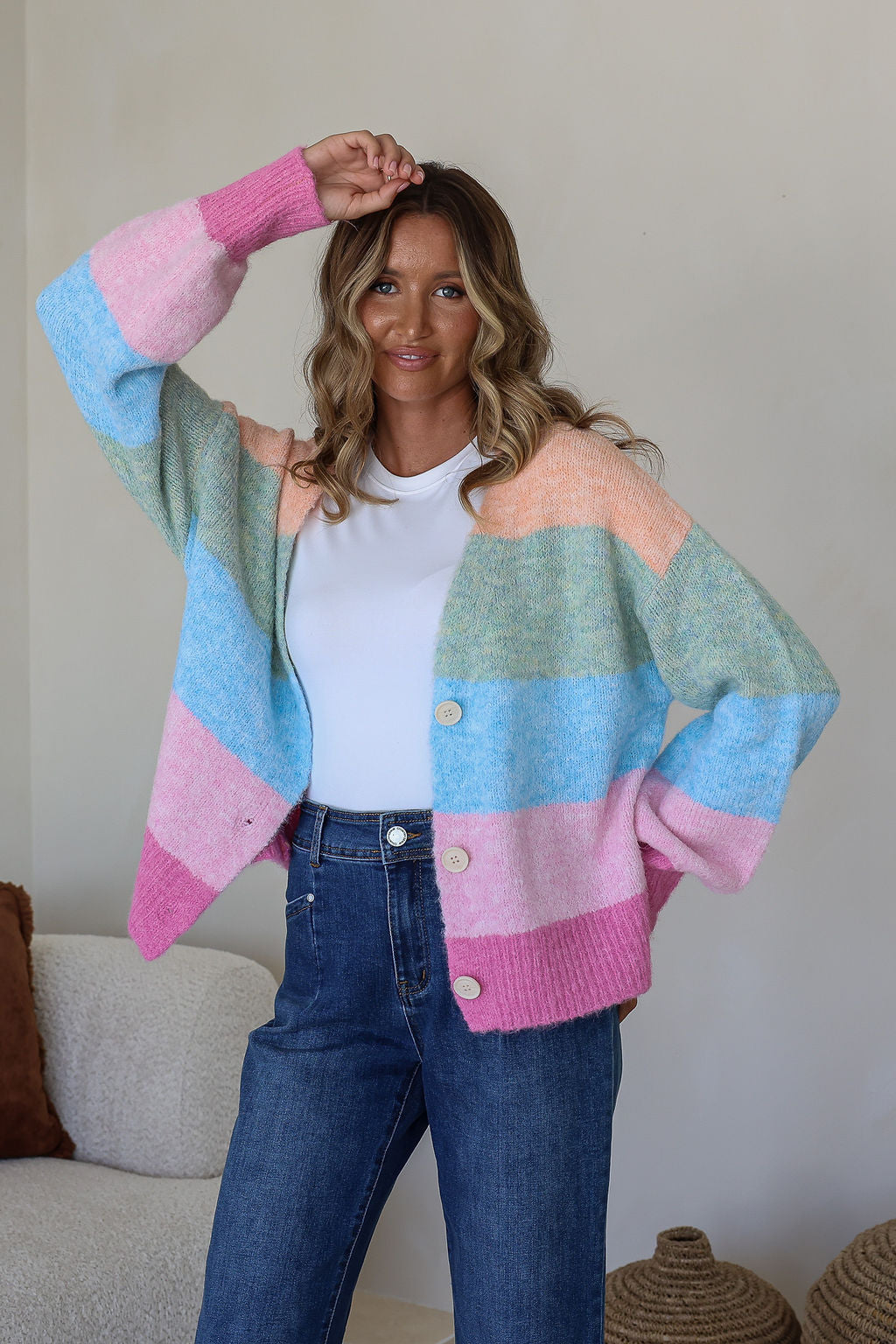 Pastel Rainbow Stripe Cardigan - Mango Sorbet