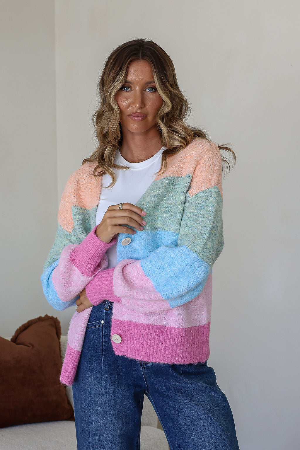 Pastel Rainbow Stripe Cardigan - Mango Sorbet