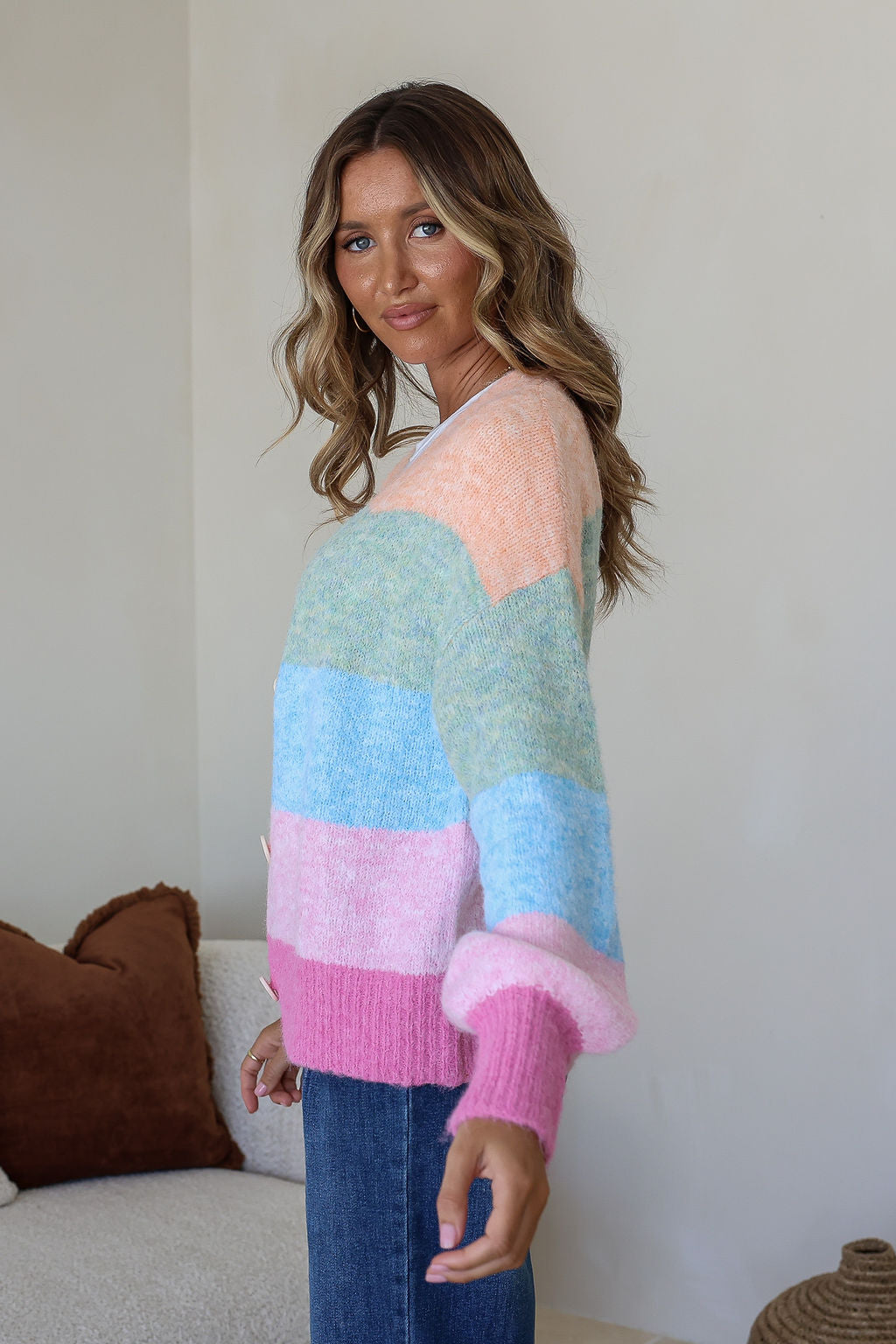 Pastel Rainbow Stripe Cardigan - Mango Sorbet