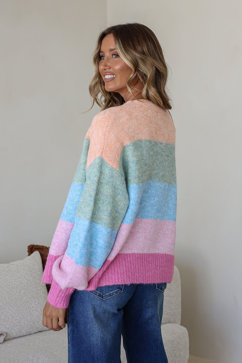 Pastel Rainbow Stripe Cardigan - Mango Sorbet