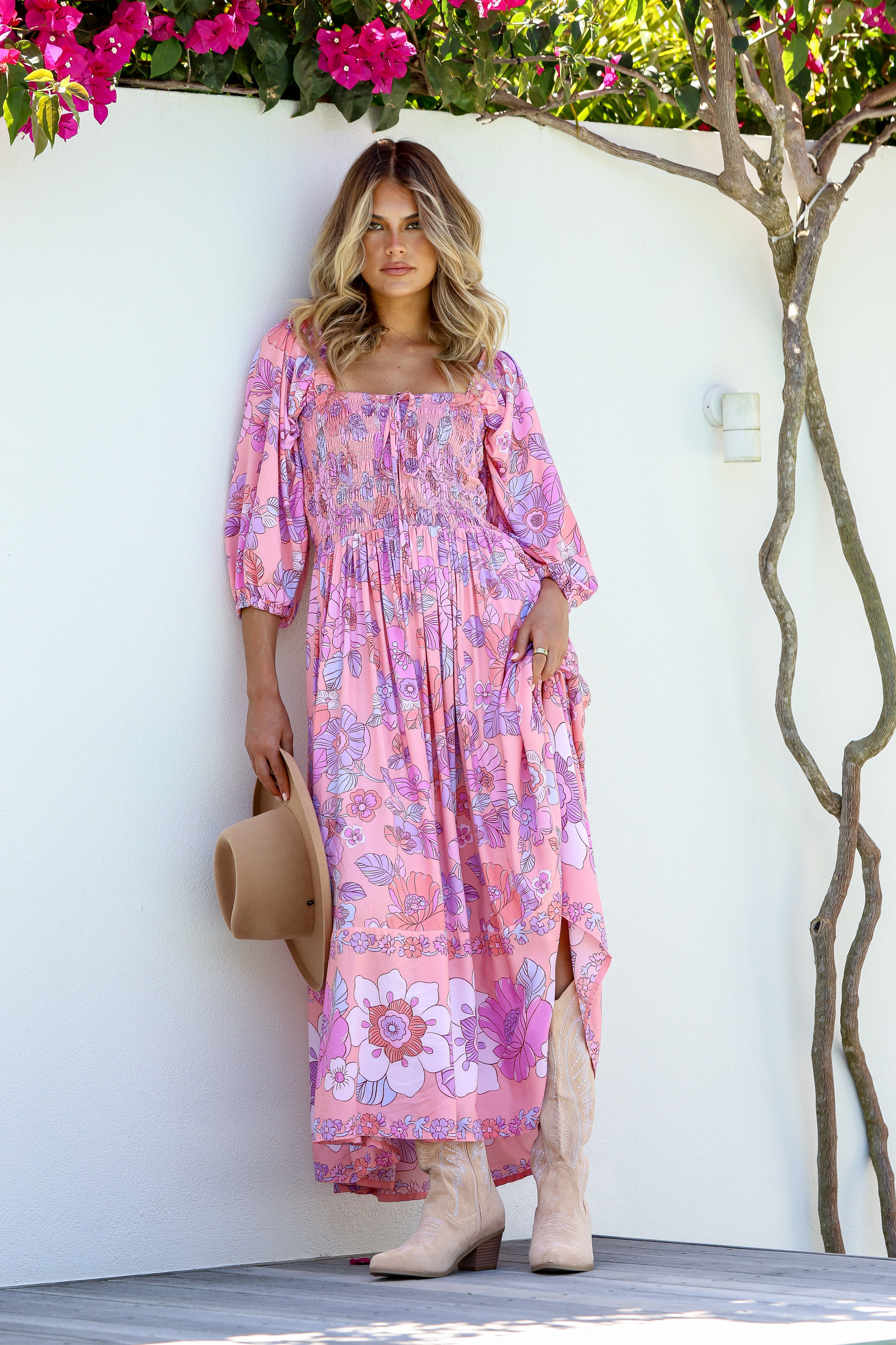 Dreamer Off The Shoulder Shirred Midi Dress - Candyfloss