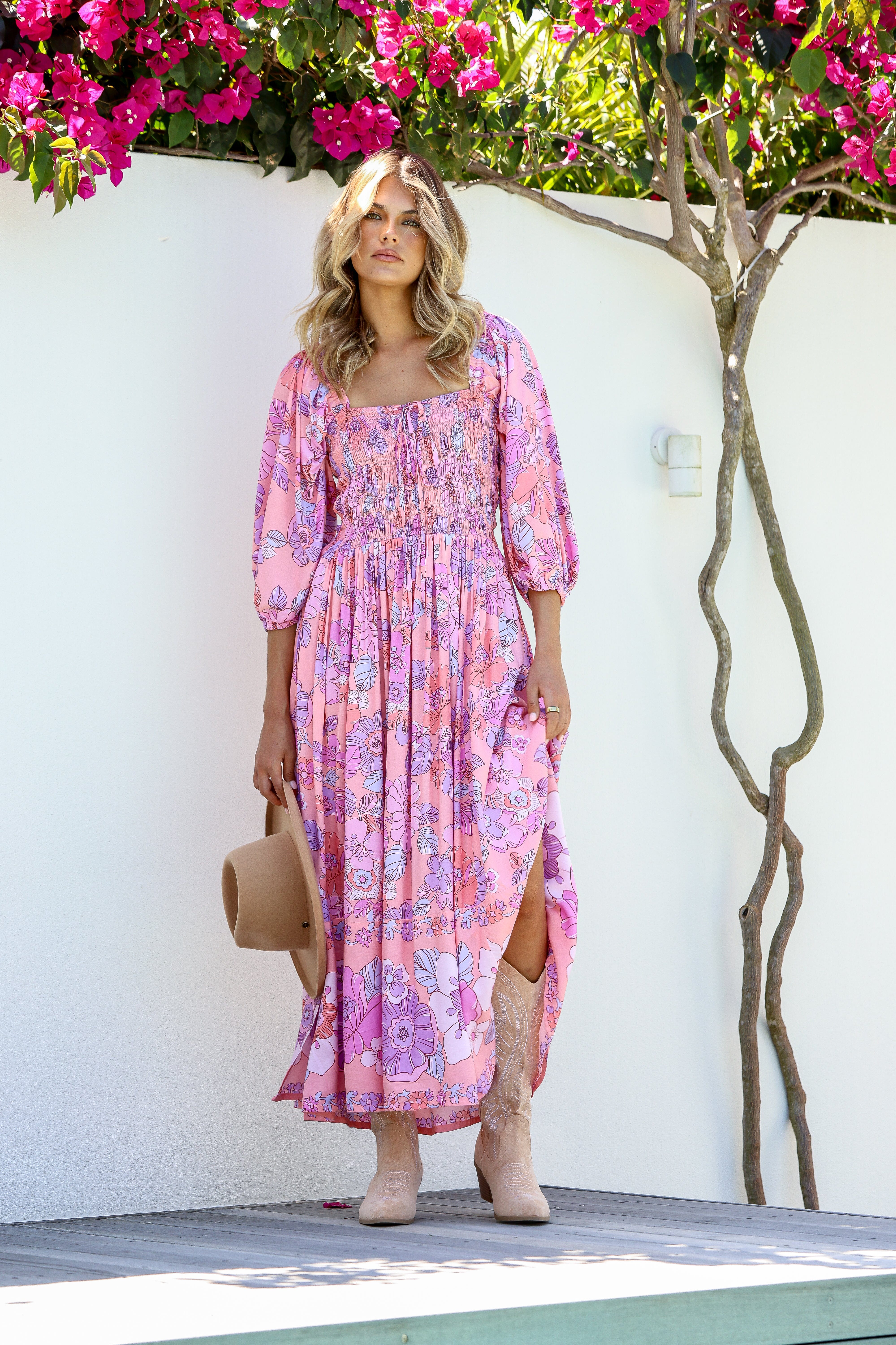 Dreamer Off The Shoulder Shirred Midi Dress - Candyfloss